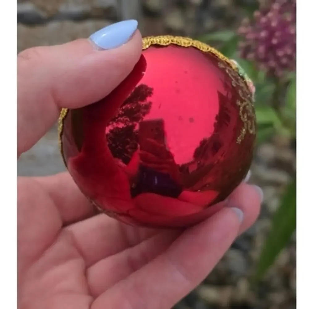 VTG Christmas Ornament Red Glass Globe Western Germany Gold Filigree Rose RARE